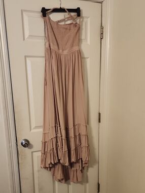 Macy's Beige Smocked Bodice Maxi Dress with Tiered Ruffle Hem
